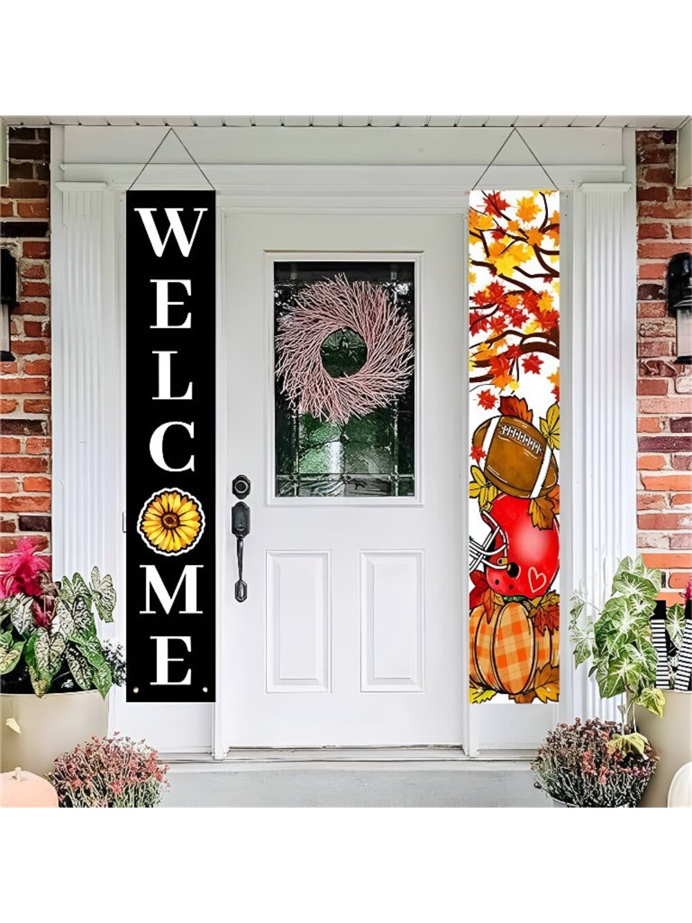 Welcome Fall Football Porch Sign Autumn Pumpkin Banner, Hanging Banner12x72inch